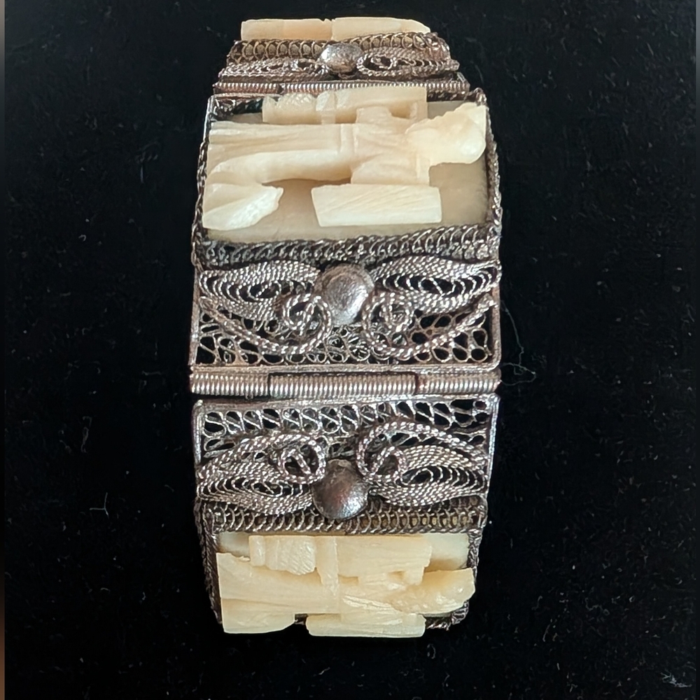 Antique Chinese Silver Filigree 3 Panel‎ Hand Carved Bovine Bone Bracelet